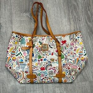 Dooney & Bourke Colorful Doodle Tote with Tan Trim